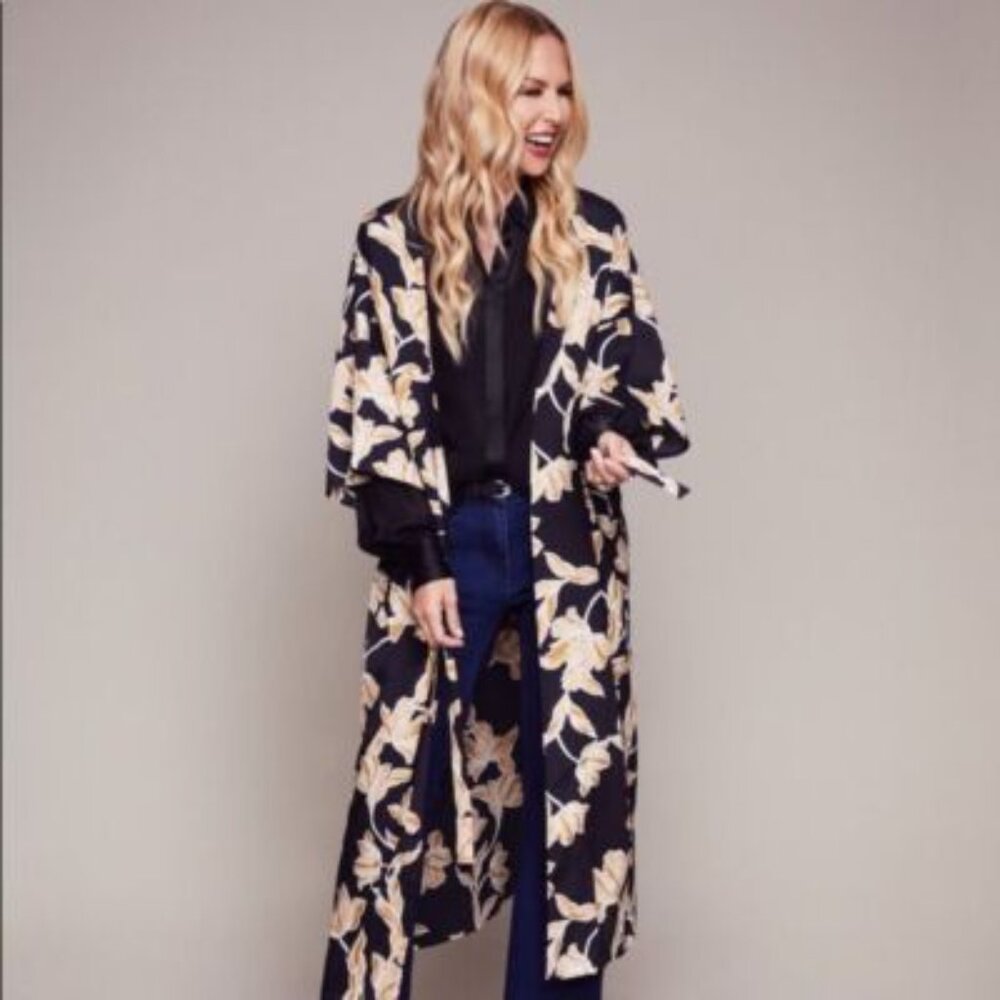 Maison Du Soir Black Yellow Floral Kimono Robe S/M - image 1
